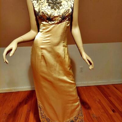 Vtg  1950's Silk Shantung Hostess Embellished Gown hand beaded crystal glass