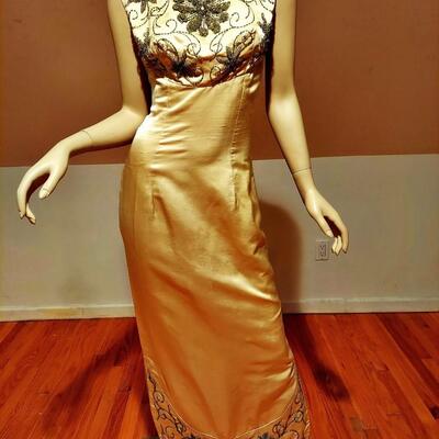 Vtg  1950's Silk Shantung Hostess Embellished Gown hand beaded crystal glass