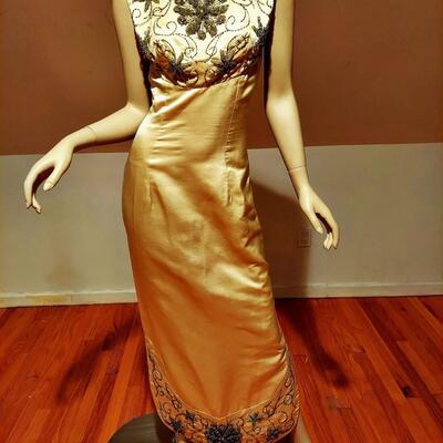 Vtg  1950's Silk Shantung Hostess Embellished Gown hand beaded crystal glass