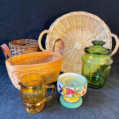 Lot 4 Baskets and Vintage Glass Pieces 