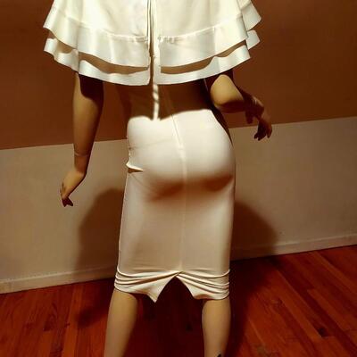 Vtg White Frou Frou Body Con dress Wide Ruffled Shawl collar with satin Rim