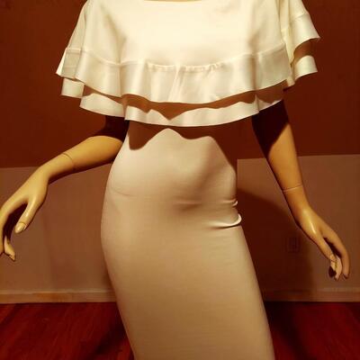 Vtg White Frou Frou Body Con dress Wide Ruffled Shawl collar with satin Rim