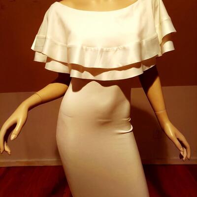 Vtg White Frou Frou Body Con dress Wide Ruffled Shawl collar with satin Rim