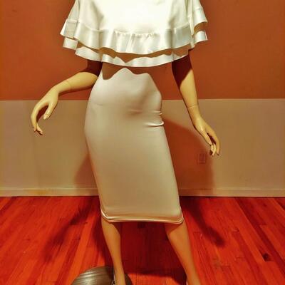 Vtg White Frou Frou Body Con dress Wide Ruffled Shawl collar with satin Rim