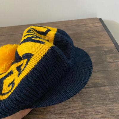 Vintage Blue & Gold GO NAVY Knit Winter Cap Hat Beanie with Visor Pom Pom