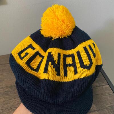 Vintage Blue & Gold GO NAVY Knit Winter Cap Hat Beanie with Visor Pom Pom