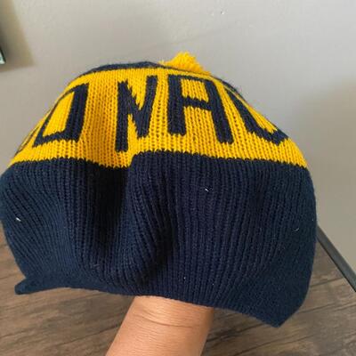 Vintage Blue & Gold GO NAVY Knit Winter Cap Hat Beanie with Visor Pom Pom