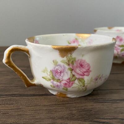 Vintage Pair of Theodore Haviland Limoges France Porcelain Pink Rose Small Tea Cups Gold Trim