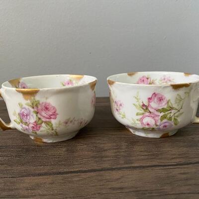 Vintage Pair of Theodore Haviland Limoges France Porcelain Pink Rose Small Tea Cups Gold Trim