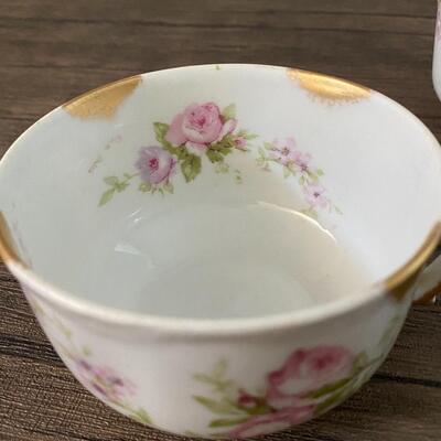 Vintage Pair of Theodore Haviland Limoges France Porcelain Pink Rose Small Tea Cups Gold Trim
