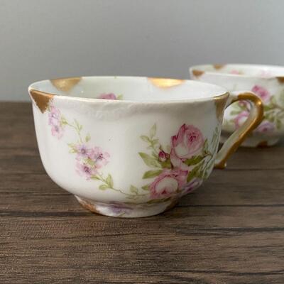 Vintage Pair of Theodore Haviland Limoges France Porcelain Pink Rose Small Tea Cups Gold Trim