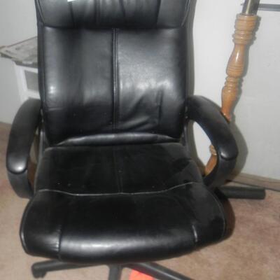   LEATHER DESK CHAIR AND FLOOR LAMP