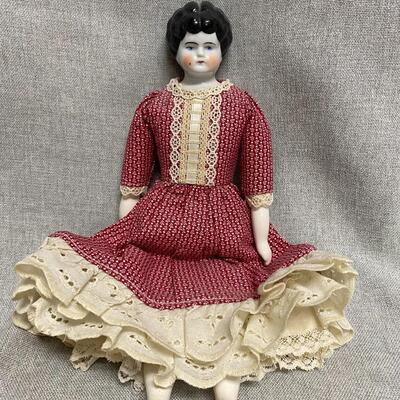 Vintage China Head Doll in Red Gingham Dress