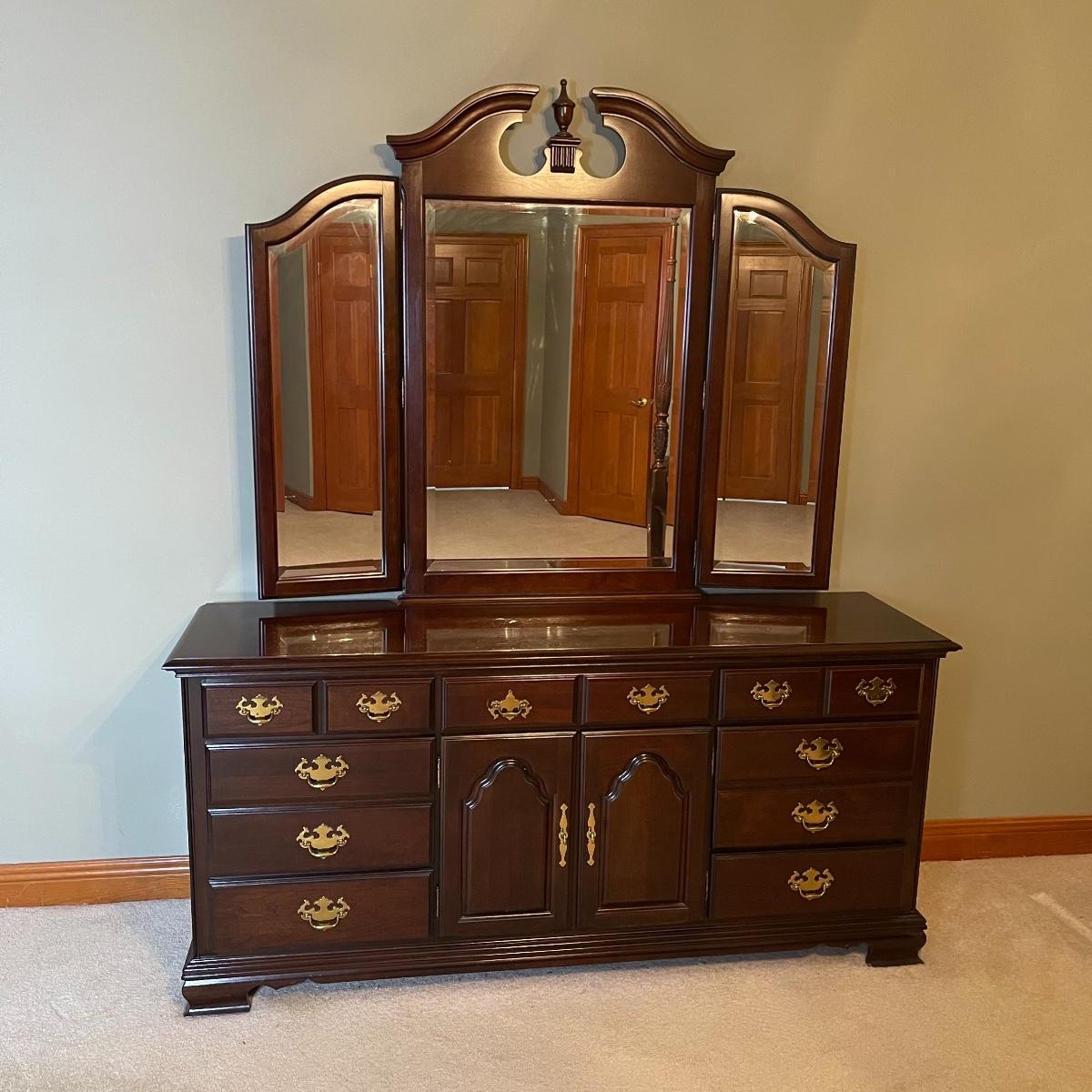 Kincaid Solid Cherry Wood Triple Dresser with Mirror & Nightstand
