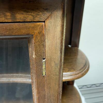 Vintage display cabinet, 3 level wood shelf with  and glass,