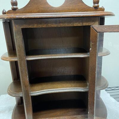 Vintage display cabinet, 3 level wood shelf with  and glass,