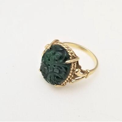 Lot #15  14kt Gold Ring with Carved Green Stone - Pierced Design - Size 7