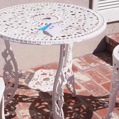Lot 44 White Round Metal Hummingbird  pattern vintage patio table