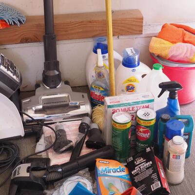 Lot 137 garage household cleaners, mops brooms, holders, Shark rotary vacuum