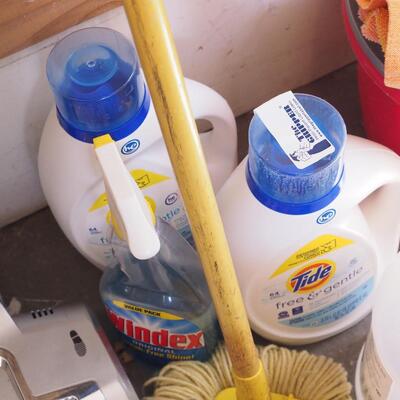 Lot 137 garage household cleaners, mops brooms, holders, Shark rotary vacuum