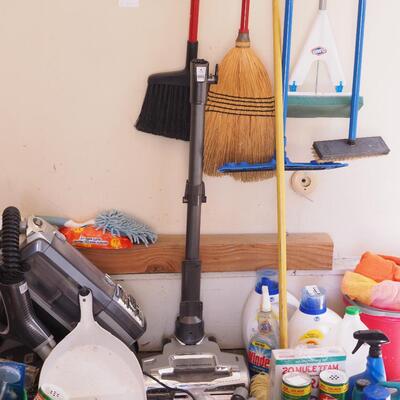 Lot 137 garage household cleaners, mops brooms, holders, Shark rotary vacuum