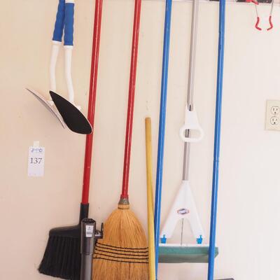 Lot 137 garage household cleaners, mops brooms, holders, Shark rotary vacuum