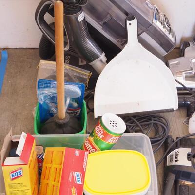 Lot 137 garage household cleaners, mops brooms, holders, Shark rotary vacuum