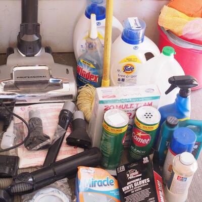 Lot 137 garage household cleaners, mops brooms, holders, Shark rotary vacuum