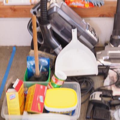 Lot 137 garage household cleaners, mops brooms, holders, Shark rotary vacuum