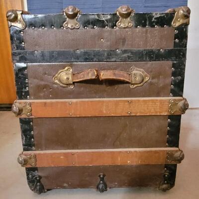 Lot 115: Antique Steamer Trunk with Remnant leather Straps & Leather Handles (one handle broken)  34.5" Ã— 19" Ã— 22.25"