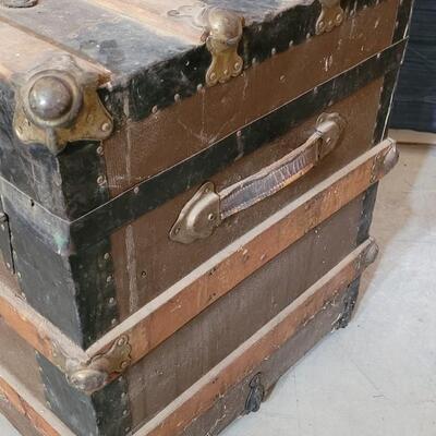 Lot 115: Antique Steamer Trunk with Remnant leather Straps & Leather Handles (one handle broken)  34.5" Ã— 19" Ã— 22.25"