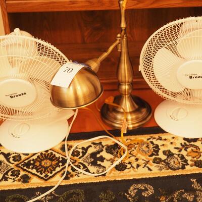 Lot 70 two  fans and a desk lamp