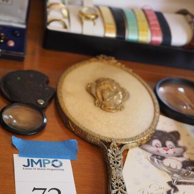 Lot 72 Costume Jewelry, vintage mirrors, gloves hats