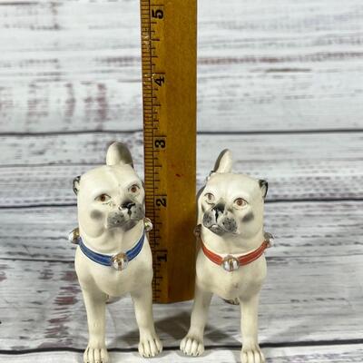 ANTIQUE EUROPEAN PARIAN BISQUE HAND PAINTED PUG DOG FIGURINE PAIR