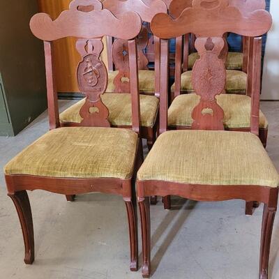 Lot 139: (8) Antique Custom Stipled Center Fiddleback Dining Chairs (2 are Monogrammed with "Schaffner" and a Crest)