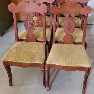 Lot 139: (8) Antique Custom Stipled Center Fiddleback Dining Chairs (2 are Monogrammed with "Schaffner" and a Crest)