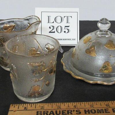 Antique EAPG Ivy In Snow Pattern Glass Butter Dish, Sugar and Creamer Set