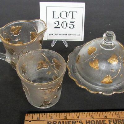 Antique EAPG Ivy In Snow Pattern Glass Butter Dish, Sugar and Creamer Set