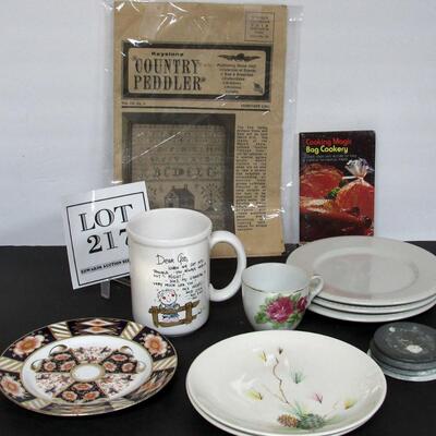 Lot of Misc Kitchenware and 1991 Country Peddler Paper Magazine, Dear God Mug
