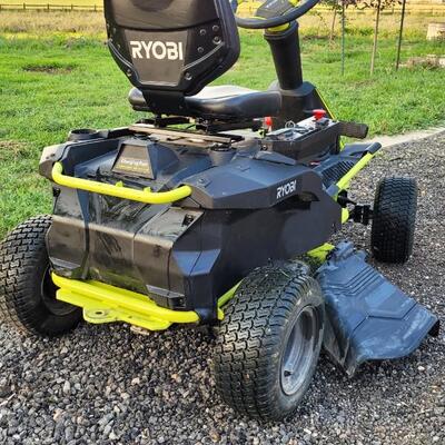 Lot 143: RYOBI RM480EX Electric Riding Lawnmower w/ Collection System and Charger COMPLETE & TESTED A+