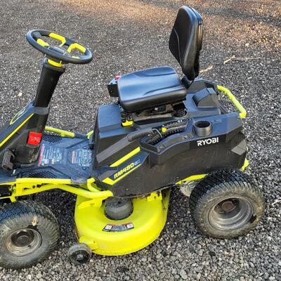 Lot 143: RYOBI RM480EX Electric Riding Lawnmower w/ Collection System and Charger COMPLETE & TESTED A+