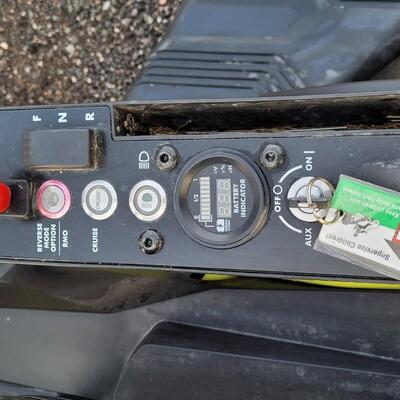 Lot 143: RYOBI RM480EX Electric Riding Lawnmower w/ Collection System and Charger COMPLETE & TESTED A+