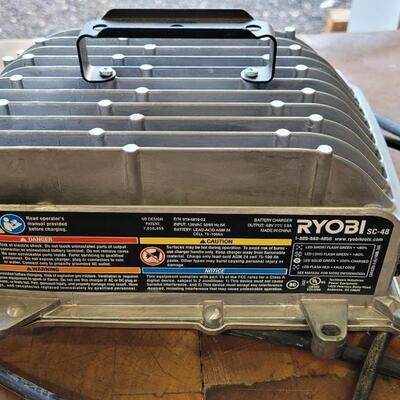 Lot 143: RYOBI RM480EX Electric Riding Lawnmower w/ Collection System and Charger COMPLETE & TESTED A+