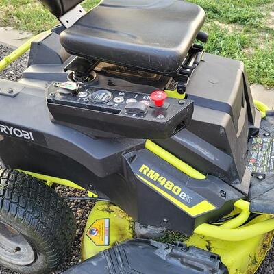 Lot 143: RYOBI RM480EX Electric Riding Lawnmower w/ Collection System and Charger COMPLETE & TESTED A+