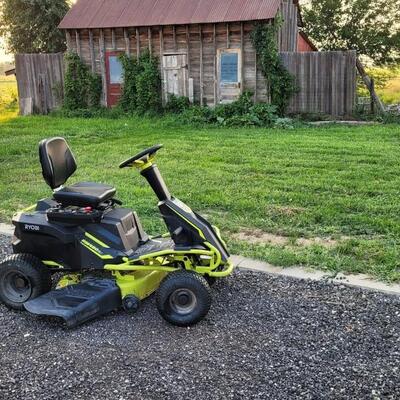 Lot 143: RYOBI RM480EX Electric Riding Lawnmower w/ Collection System and Charger COMPLETE & TESTED A+