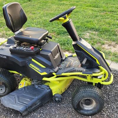 Lot 143: RYOBI RM480EX Electric Riding Lawnmower w/ Collection System and Charger COMPLETE & TESTED A+