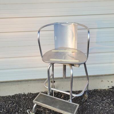 Lot 144: Vintage Metal Industrial Large Stool w/ Step and Wheels