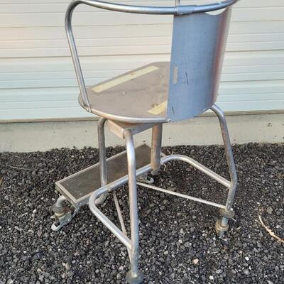 Lot 144: Vintage Metal Industrial Large Stool w/ Step and Wheels