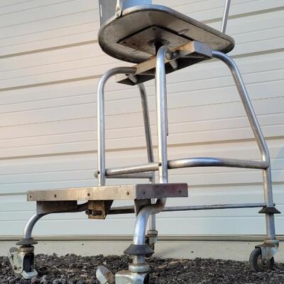 Lot 144: Vintage Metal Industrial Large Stool w/ Step and Wheels