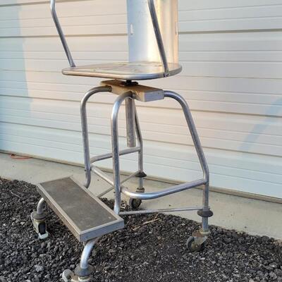 Lot 144: Vintage Metal Industrial Large Stool w/ Step and Wheels